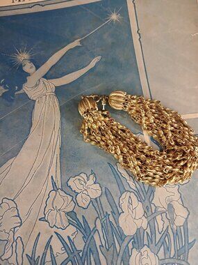 Vintage Crown Trifari, Multi Strand Waterfall Bracelet, Liquid Rope Gold-tone
